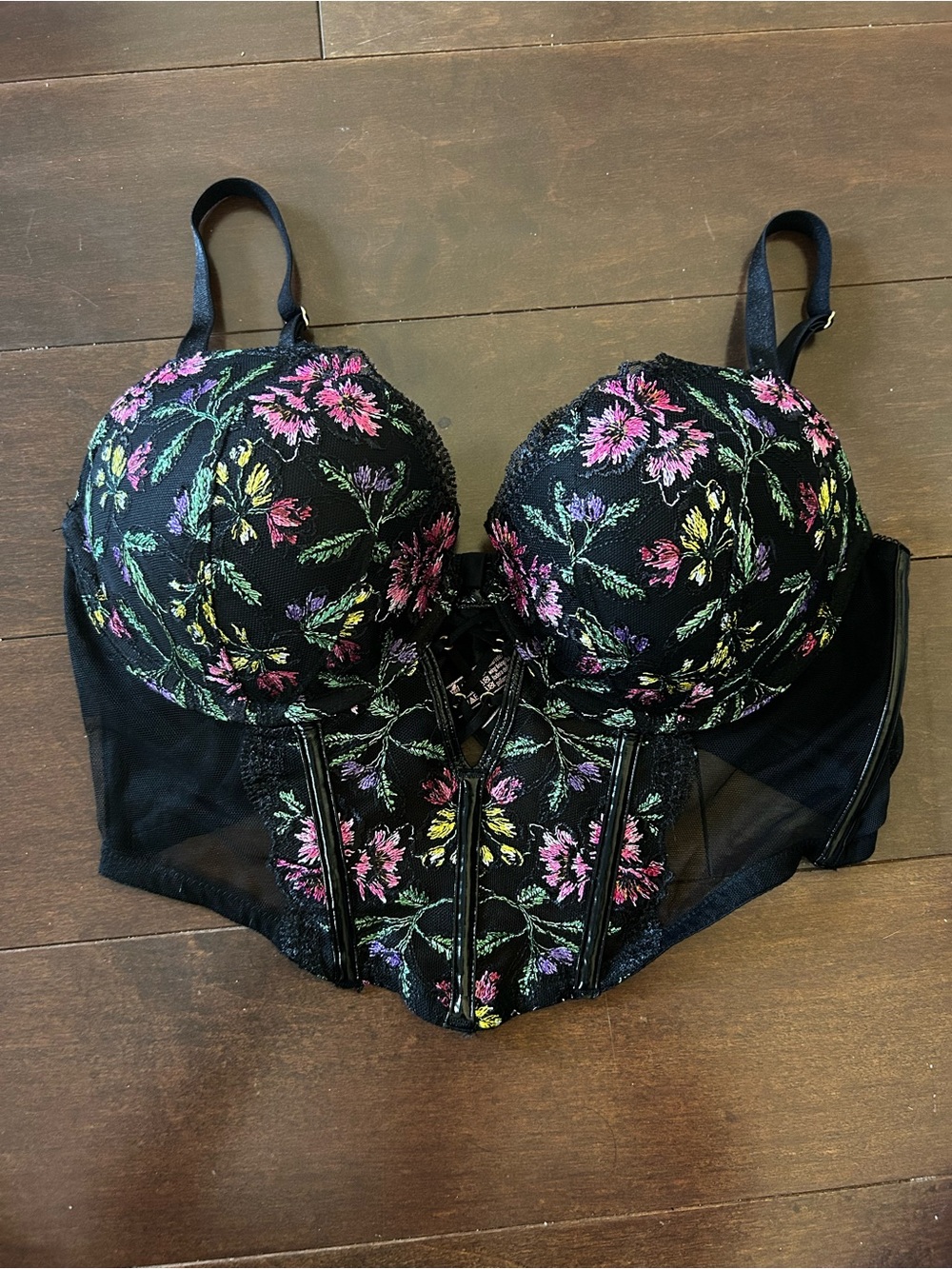 Black Floral Mesh Corset Bra with Pink, Green, Purple & Yellow Embroidery Flower